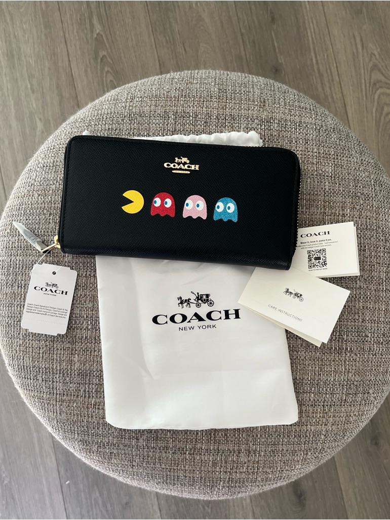 Nwt Coach Pac-Man Black Continental Leather Wallet With Papers And Dust Bag